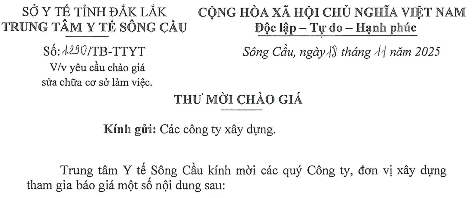 Yêu vầu chào giá sửa chữa cơ sơ làm việc